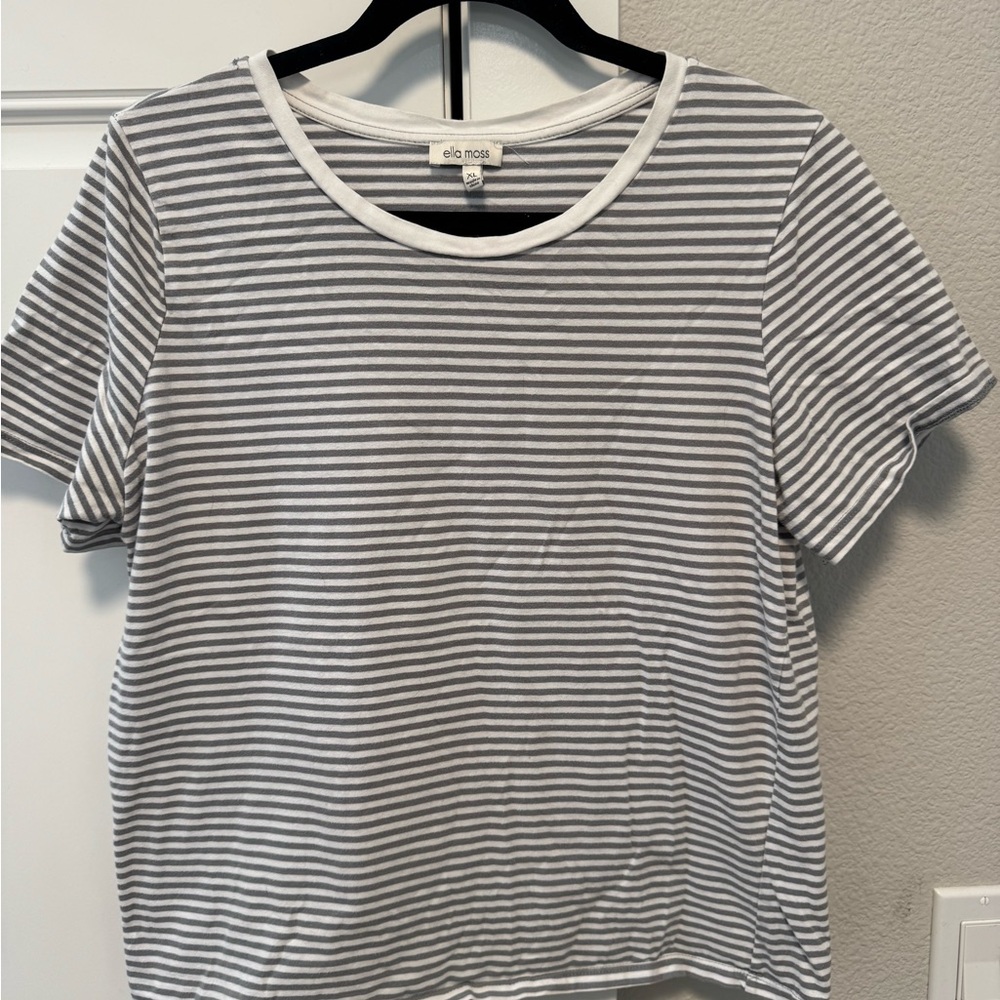 Ella Moss White & Gray Striped Crewneck Short Sleeve Tee